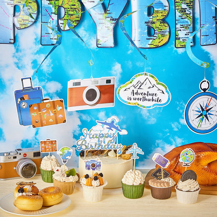 38 Pieces Travel Theme Birthday Party Decorations The Place You'll Go Birthday Banner Let The Adventure Begin Hanging Swirls Bon Voyage Cake Toppers for Birthday Baby Shower Party Supplies