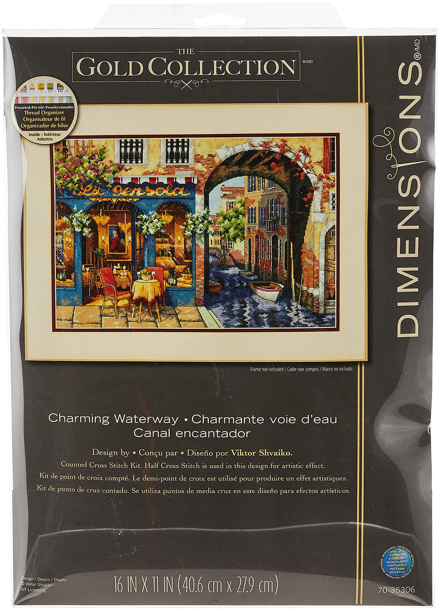 Gold Collection Counted Cross Stitch Kit, Charming Waterway, 14 Count Ivory Aida, 16'' x 11''