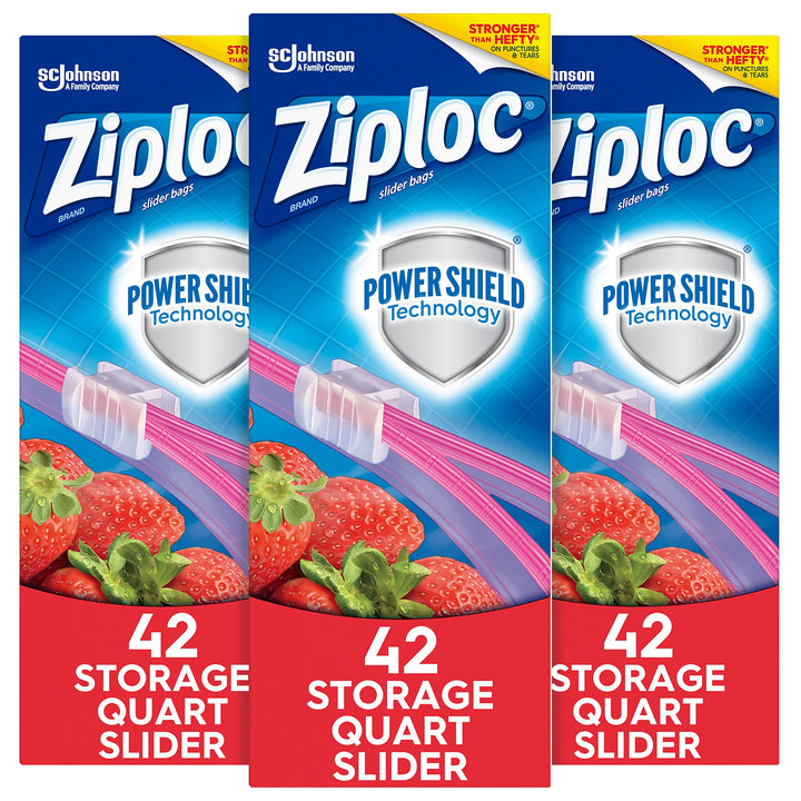 Slider Storage Bags with New Power Shield Technology, For Food, Sandwich, Organization and More, Quart, (42 Count (Pack of 3), 126 Total Bags)