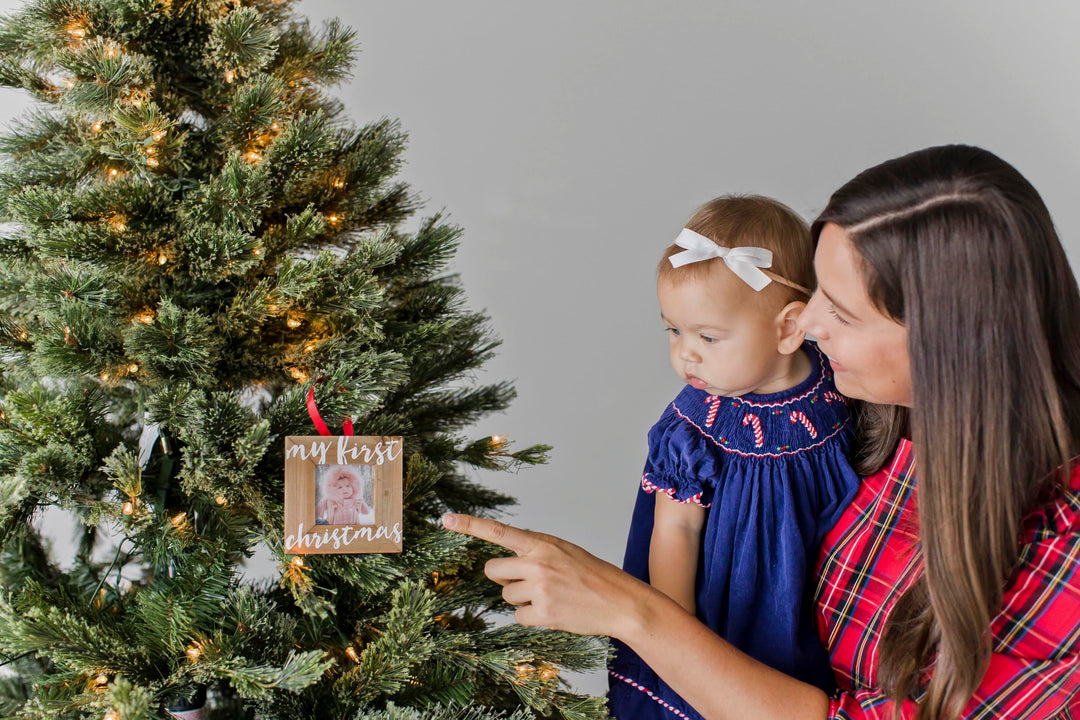 Baby’s First Christmas Wooden Picture Frame Ornament, Newborn Milestone Keepsake Photo, Holiday Gift For New and Expecting Parents, Rustic My First Christmas Ornament