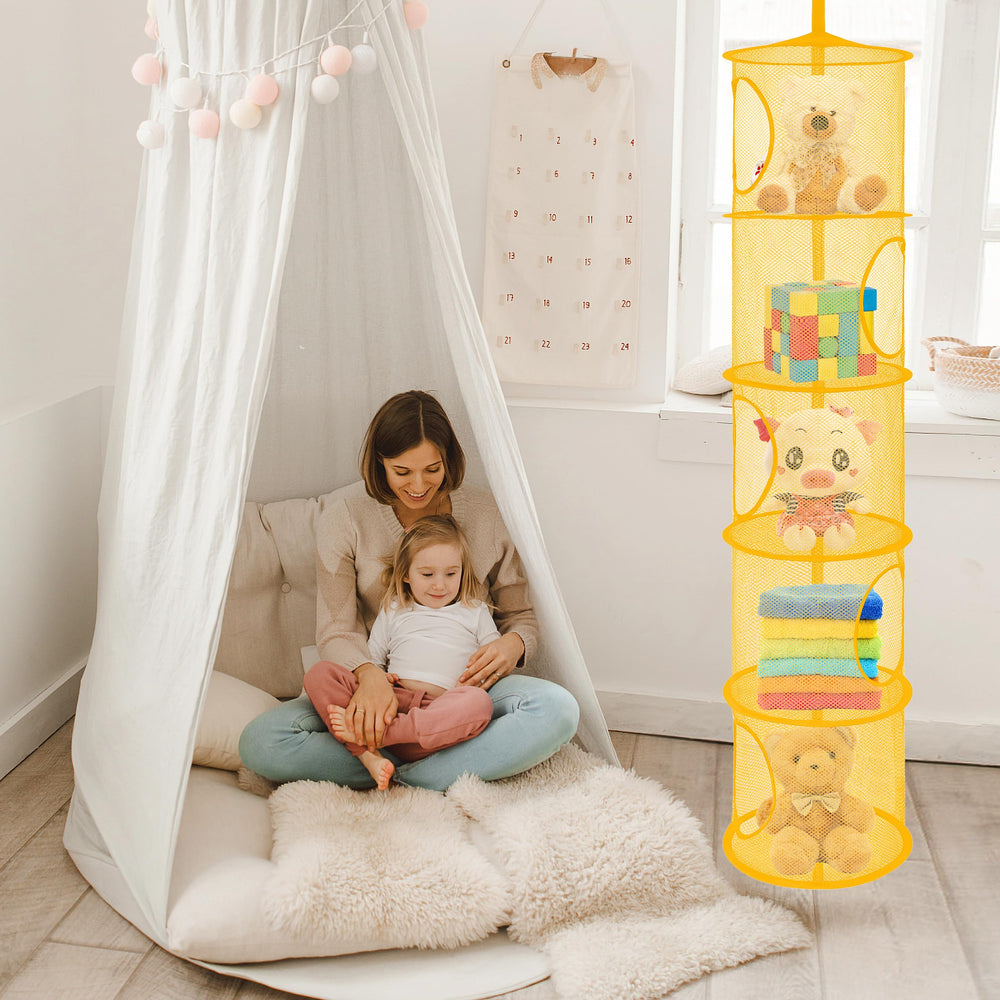 Mesh Hanging Storage Space Saver Bags Organizer,Foldable Storage Organizer 5 Compartments Toy Storage Basket for Kids Room Bathroom 2 Sets Yellow