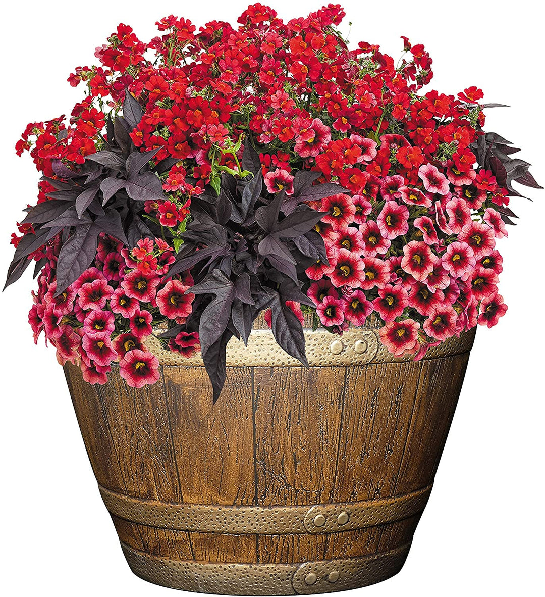 Whiskey Plastic Resin Flower Pot Barrel Planter, Oak Brown, 15