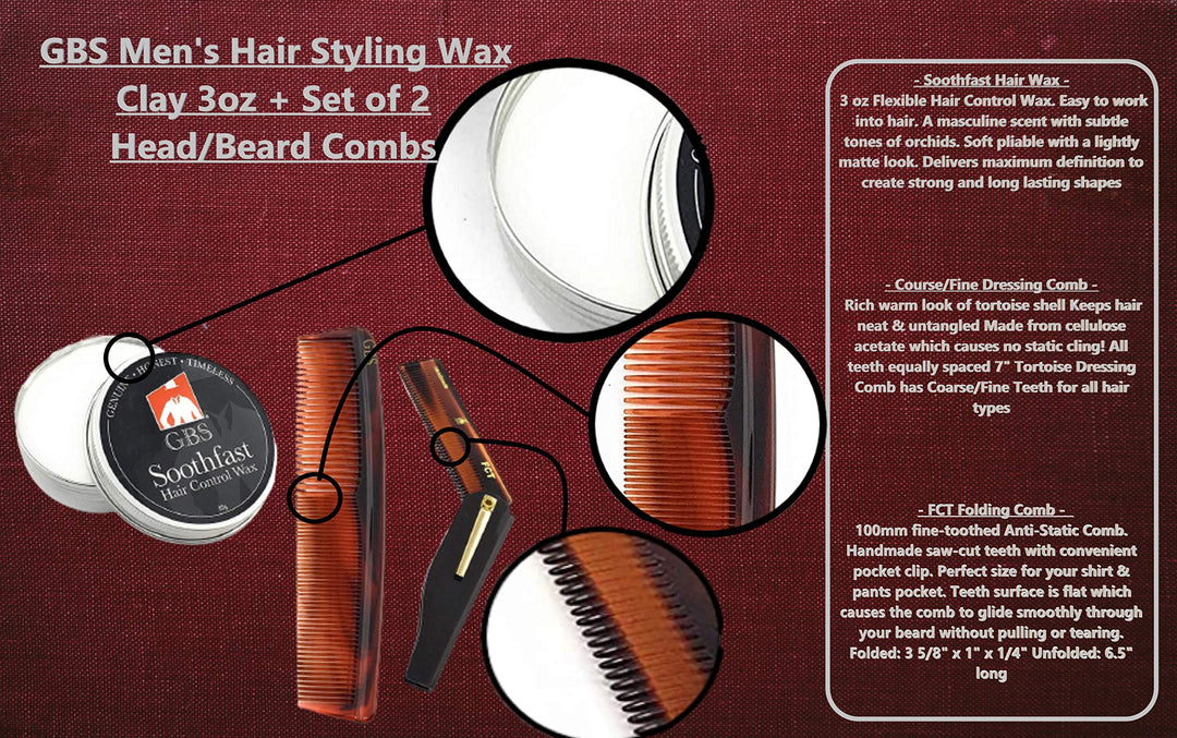 GBS Hair Styling Wax Clay 3oz + Pack of Grooming Combs