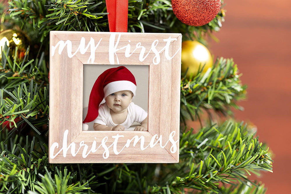 Baby’s First Christmas Wooden Picture Frame Ornament, Newborn Milestone Keepsake Photo, Holiday Gift For New and Expecting Parents, Rustic My First Christmas Ornament