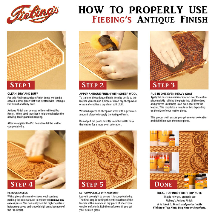 Fiebing's Antique Finish (4 oz) - Two-Toned Effect Emphasizes Leathercraft Embossing - Antiquing & Restoration Paste for Contrasted Accent Finish on Leather Boot, Shoe, Purse, Belt (Medium Brown)