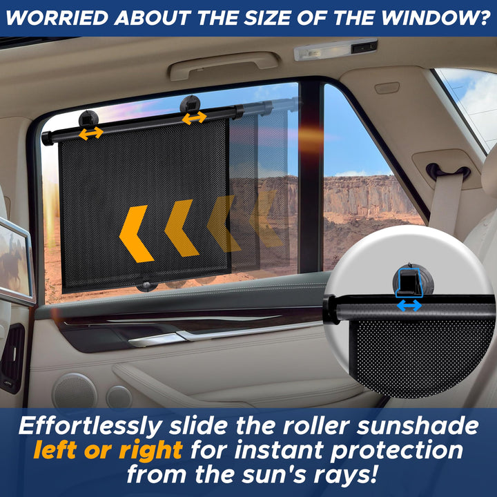 Car Side Window Sun Shade (2 Pack) | Retractable Car Roller Sunshade for Kids | Baby Car Window Shades for UV and Sun Glare Protection | Baby Car Travel Accessories (15x17)