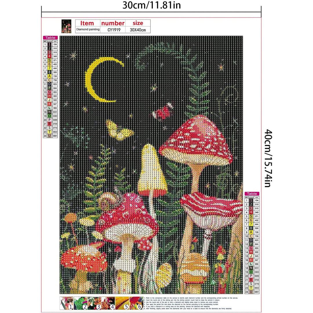 5D DIY Full Drill Round Art Gems Mushroom Star and Moon Forest Diamond Art Perfect for Home Wall Deco, Mushroom Diamond Painting Kits for Adults(12 x 16 inch)