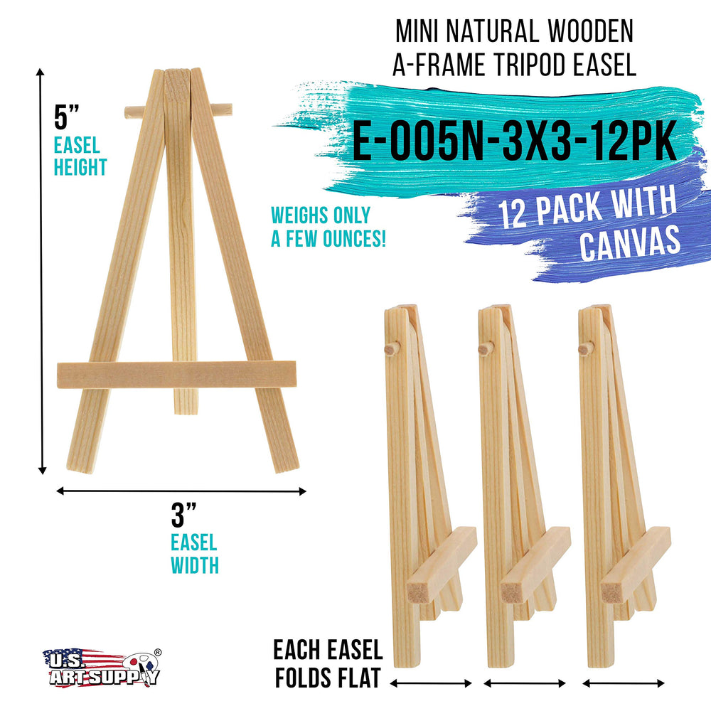3 x 3 Stretched Canvas with 5 Mini Natural Wood Display Easel Kit (Pack of 12), Artist Tripod Tabletop Holder Stand - Painting Party, Kids Crafts, Oil Acrylic Paints, Signs, Photos