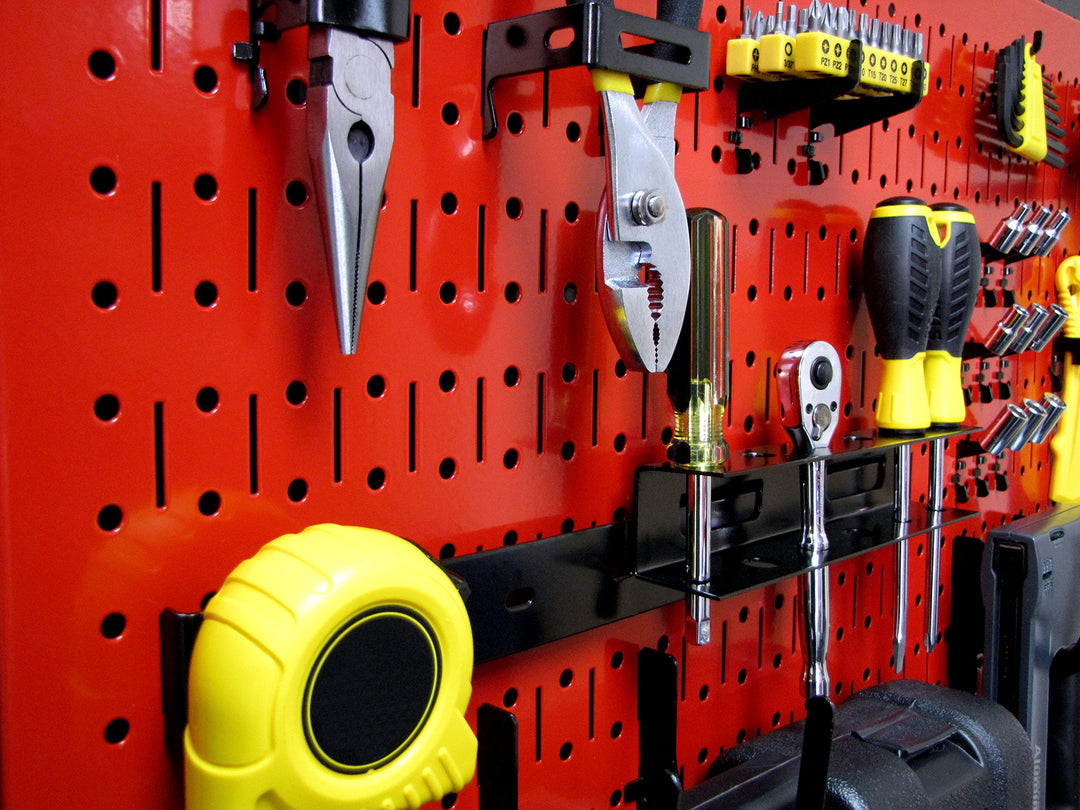 Modular Pegboard Tool Organizer System - Wall-Mounted Metal Peg Board Tool Storage Unit for Pegboard Tiling (Red Pegboard)