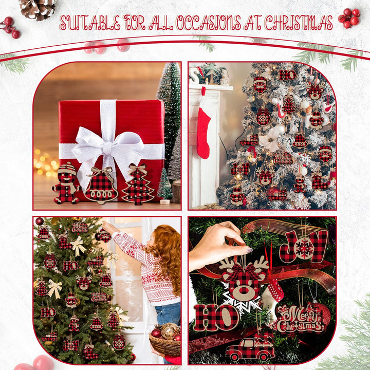 36 Pieces Christmas Buffalo Plaid Hanging Ornaments Christmas Tree Wooden Hanging Decor Wooden Christmas Ornaments Snowflake Reindeer Snowman Plaid Christmas Decor, 12 Styles(Black Red)