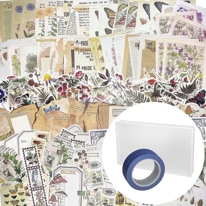 200pcs Vintage Journaling Supplies Kit, Journaling Stickers with Blue Washi Tape for Kids Teens Adults Scrapbook Aesthetic Bullet Journals Kit Craft Collage Embellishments Planners Notebook(Nature)