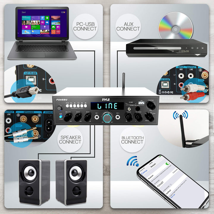 PYLE Wireless Bluetooth Power Amplifier System - 200W Peak Power Dual Channel Sound Audio Stereo Receiver w/USB, SD, AUX, MIC in w/Echo Effect for Karaoke, Radio, LCD Display, RCA input, Studio Use