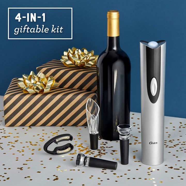 Electric Wine Opener, Foil Cutter, Wine Pourer and Vacuum Wine Stoppers with CorkScrew and Charging Base, Black