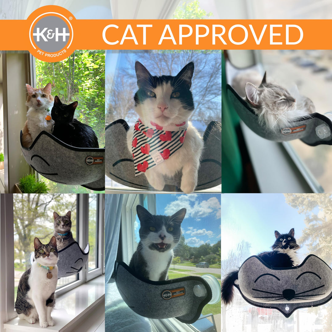 K&H Pet Products EZ Mount Kitty Face Cat Window Perch Bed, Sturdy Cat Window Hammock with Strong Suction Cups, Washable Sleeping Pad, Fits 27 W X 11 H Glass Spaces - Gray Kitty Face Design