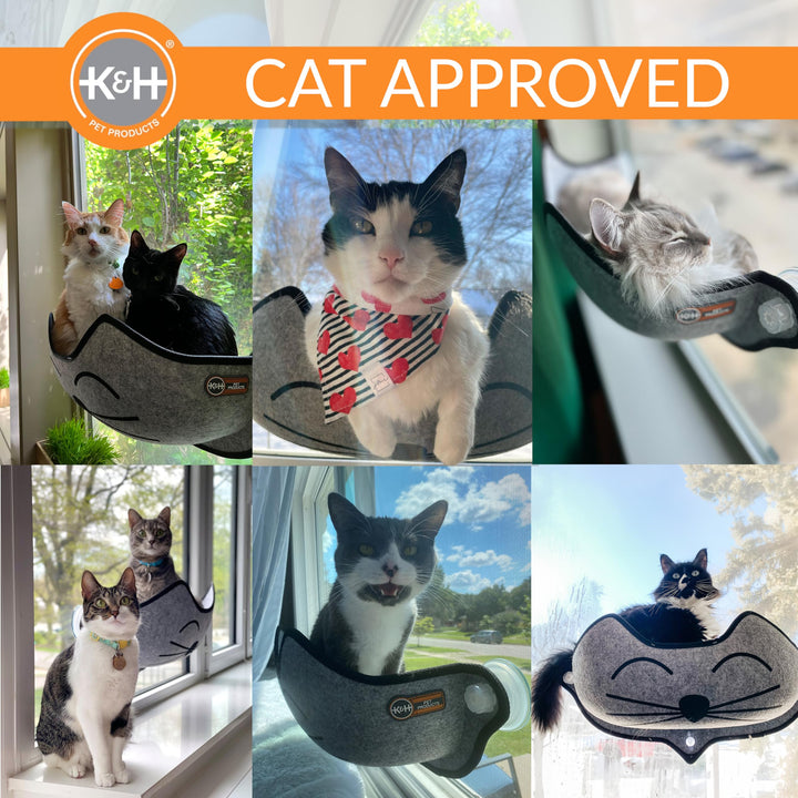 K&H Pet Products EZ Mount Kitty Face Cat Window Perch Bed, Sturdy Cat Window Hammock with Strong Suction Cups, Washable Sleeping Pad, Fits 27 W X 11 H Glass Spaces - Gray Kitty Face Design