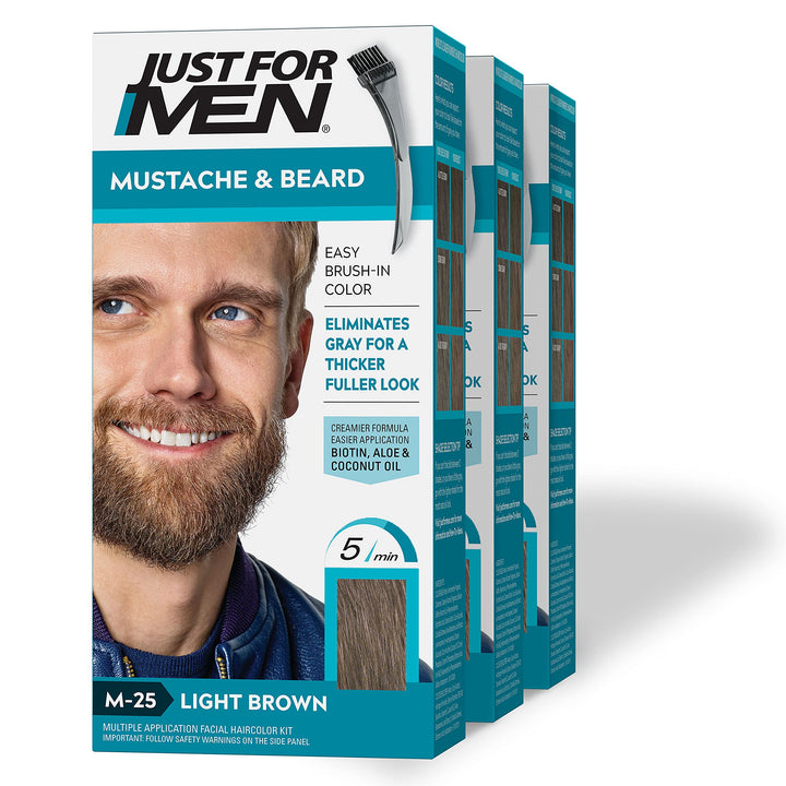 Just For Men Mustache & Beard, Beard Dye for Men with Brush Included for Easy Application, With Biotin Aloe and Coconut Oil for Healthy Facial Hair - Light Brown, M-25, Pack of 3