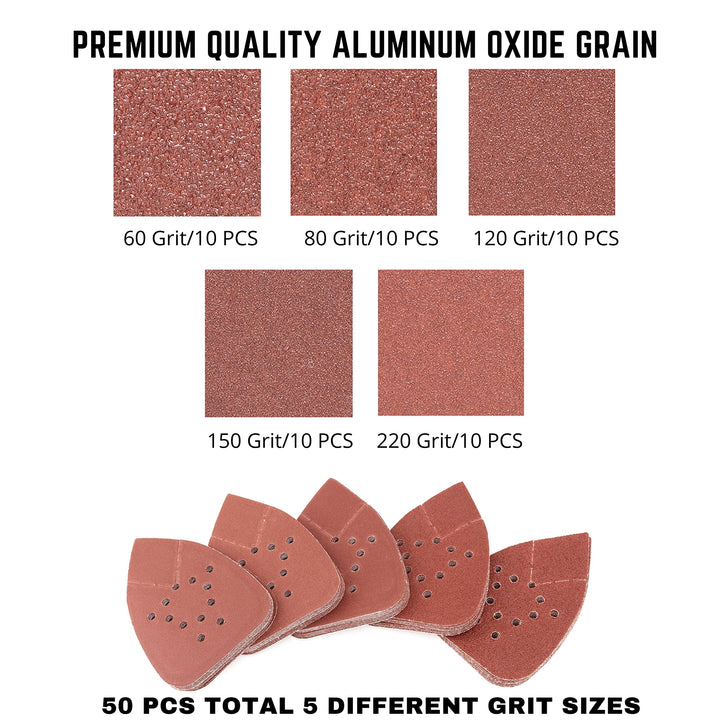 11272A 50pc Hook & Loop Mouse Sandpaper Assortment 60, 80, 120, 150, 220 Grit Sanding Pads for Mouse Sander, Mouse Sander Sandpaper, Triangle Sanding Pads, Mouse Sander Pads, Mouse Sander Paper