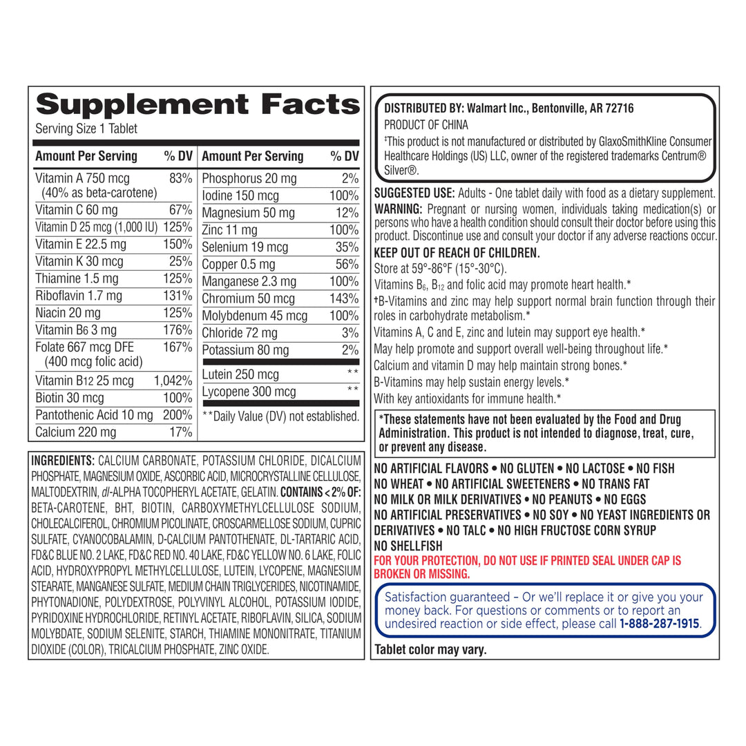 Maker Explorador Equate Complete Multivitamin/Multimineral Supplement Tablets, Adults 50+, 450 Count and Card Gift