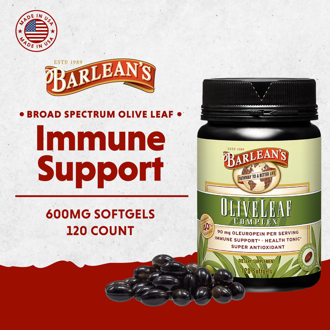 Barlean's Olive Leaf Complex Softgels Immune Support Supplement with 90 mg Oleuropein Antioxidants, Concentrated Heart Health and Immunity Booster Pills, 120 Count