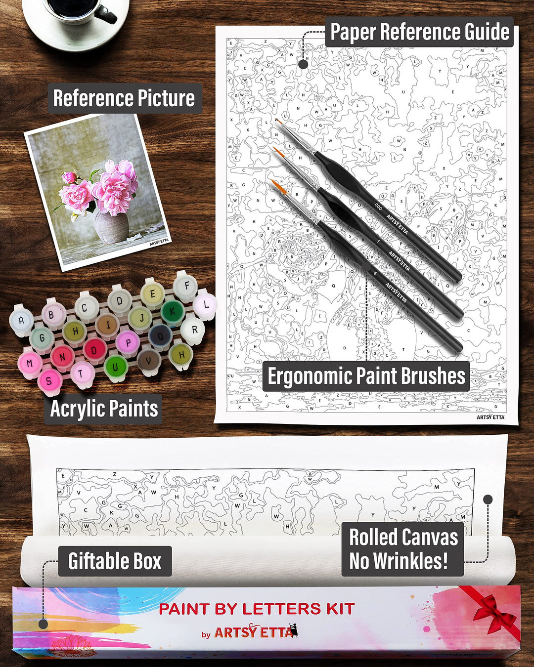 Paint by Number for Adults Beginners with Letters - Adults' Paint-by-Number Kits - Paint by Numbers Flowers - Easy DIY Acrylic Painting on Canvas, Sip & Craft Art Set