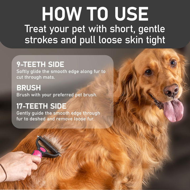 Hair Brush - Double Sided Shedding, Dematting Undercoat Rake for Dogs, Cats - Extra Wide Dog Grooming Brush, Pink
