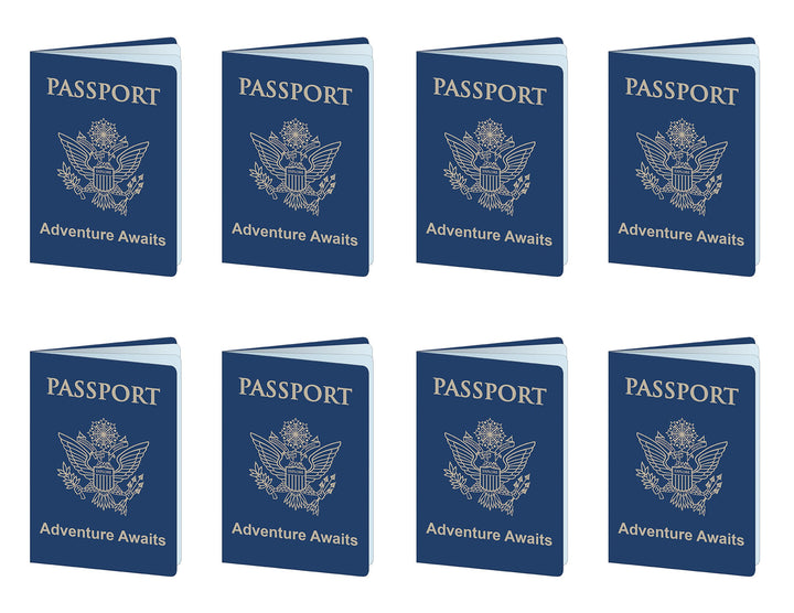 Set of 8 Around The World Passports, Global Adventure Travel Party Favors, Made In USA Since 1900