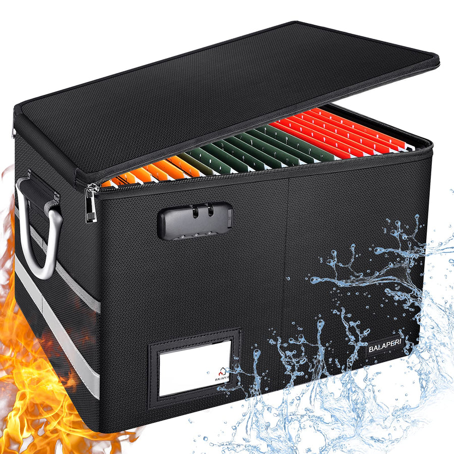 Fireproof File Box with Lock, Collapsible File Storage Box for Hanging Letter/Legal File Folder, Portable Document Storage Filing Box with Handle, File Folder Box for Home Office Travel