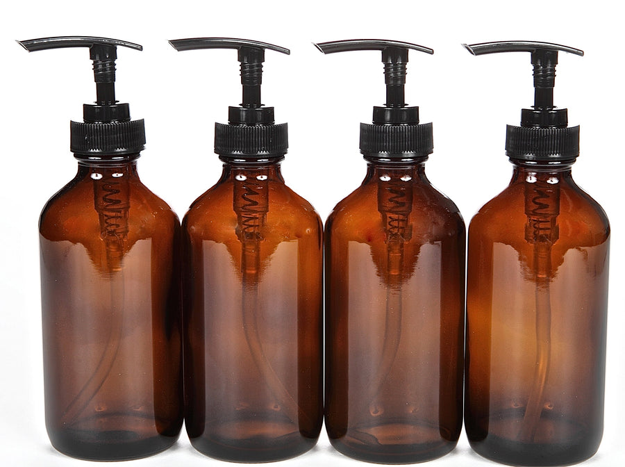 , 4, Large, 8 oz, Empty, Amber Glass Bottles with Black Lotion Pumps