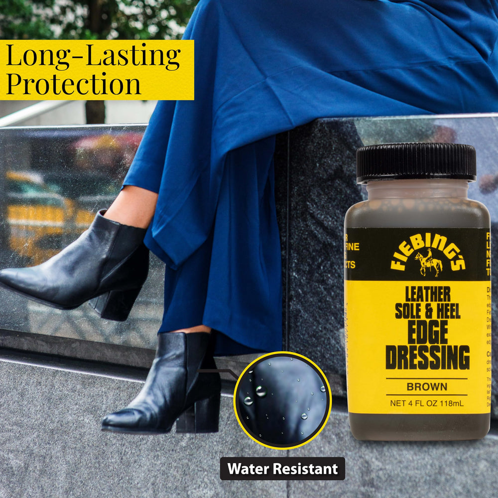 Leather Sole & Heel Brown Edge Dressing (4 oz) - High Gloss Shoe Dressing for Leather Soles and Heels - Provides a Protective, Glossy Finish After a Shoe Shine - Includes Brush Applicator