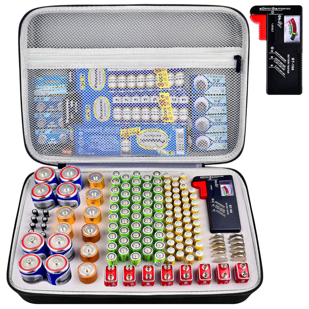 Battery Organizer Storage Case Holder with Tester BT-168, Batteries Variety Pack Bag, Holds 140+ AA, AAA, C, D, 9V, Lithium 3V Button Batteries, Battery Caddy Container(Not Includes Batteries)(Grey)