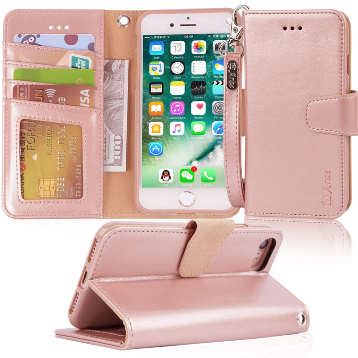 Case for iPhone SE 2022 / iPhone SE 2020 / iPhone 8 / iPhone 7, Wallet Case with Card Holder PU Leather Flip Cover, Rose Gold