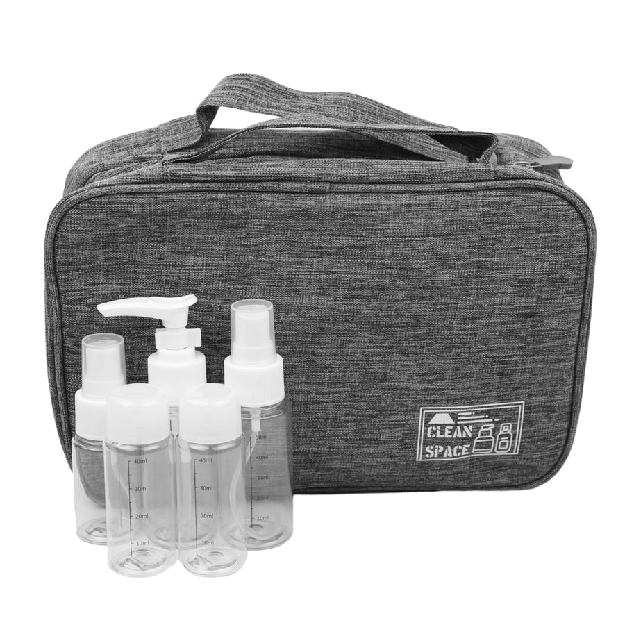 Toiletry Bag with 5 Travel-Size Bottles, Water-resistant Travel Organizer with 3 Foldable Compartments for Toiletries & Cosmetics