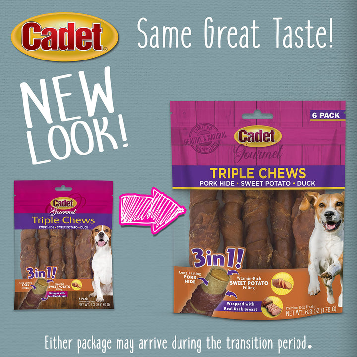 Gourmet Triple Chews Pork Hide, Sweet Potato, & Duck Dog Treats - Healthy Dog Treats for Small & Large Dogs - Inspected & Tested in USA (6 Count)