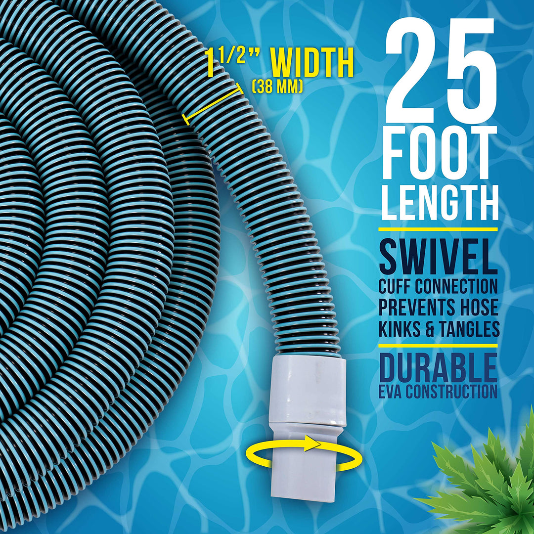 1-1/2 x 25 Foot Professional Heavy Duty Spiral Wound Swimming Pool Vacuum Hose with Kink-Free Swivel Cuff, Flexible - Connect to Vacuum Heads, Skimmer, Filter Pump Inlet, Accessories