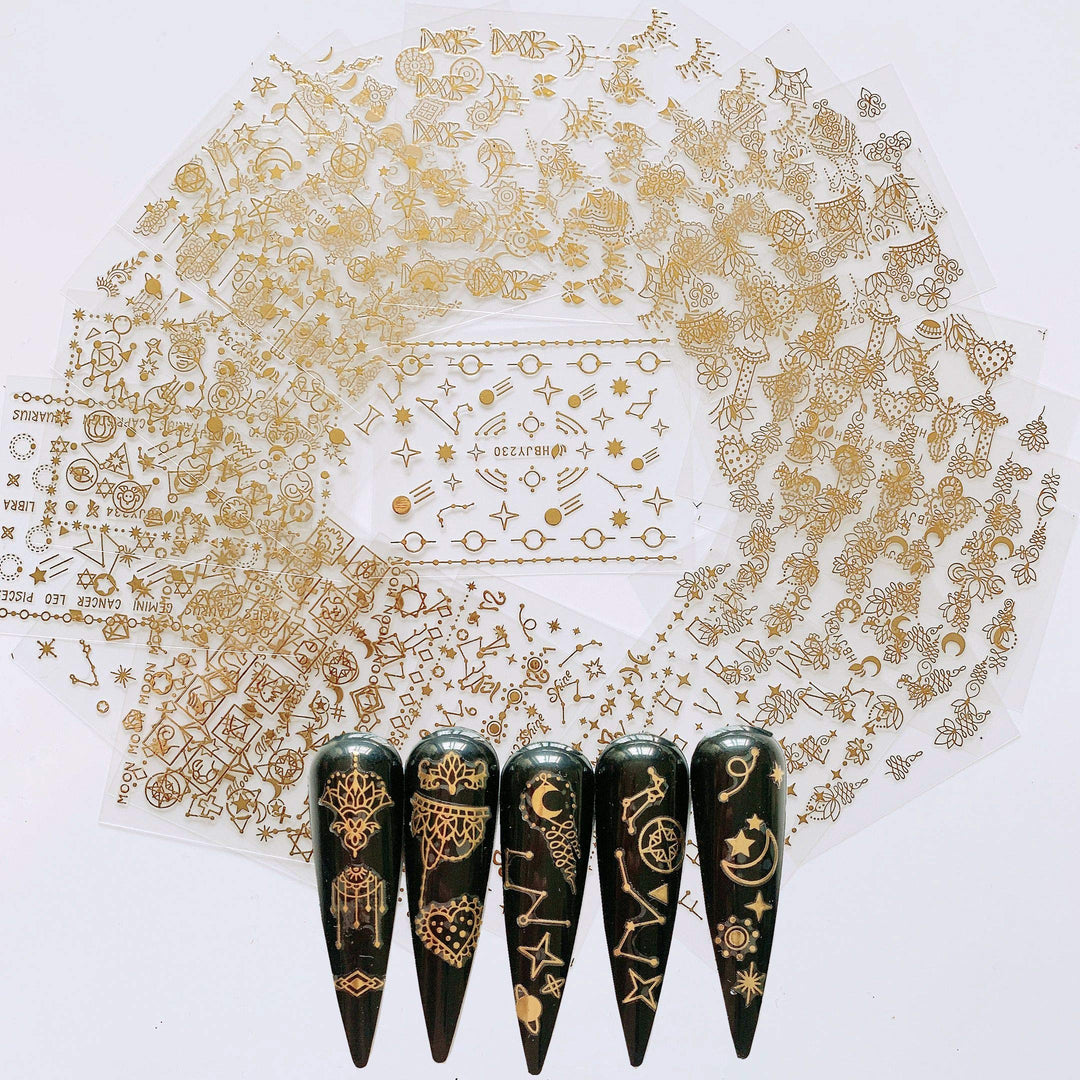 24 Sheets Nail Art Adhesive Gold Color Sticker Sheets Moon Star Universal Flower Shapes Sticker Sheets Nail Art Deco 10057