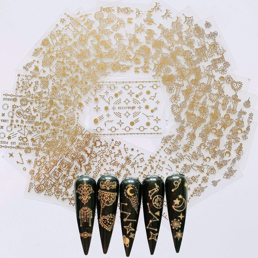 24 Sheets Nail Art Adhesive Gold Color Sticker Sheets Moon Star Universal Flower Shapes Sticker Sheets Nail Art Deco 10057