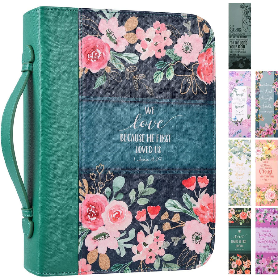 Bible Cover Case for Women with 7 Beautiful Paper Bookmarks Floral PU Leather Bible Cover Bag with Pockets and Zipper for Standard and Large Size Study Bible 10.8x7.8x2 (Dark Green)