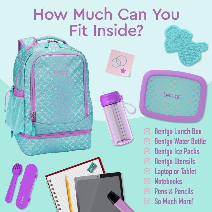 Kids 2-in-1 Backpack & Insulated Lunch Bag - Durable 16” Backpack & Lunch Container in Unique Prints for School & Travel - Water Resistant, Padded & Large Compartments (Mermaid Scales)