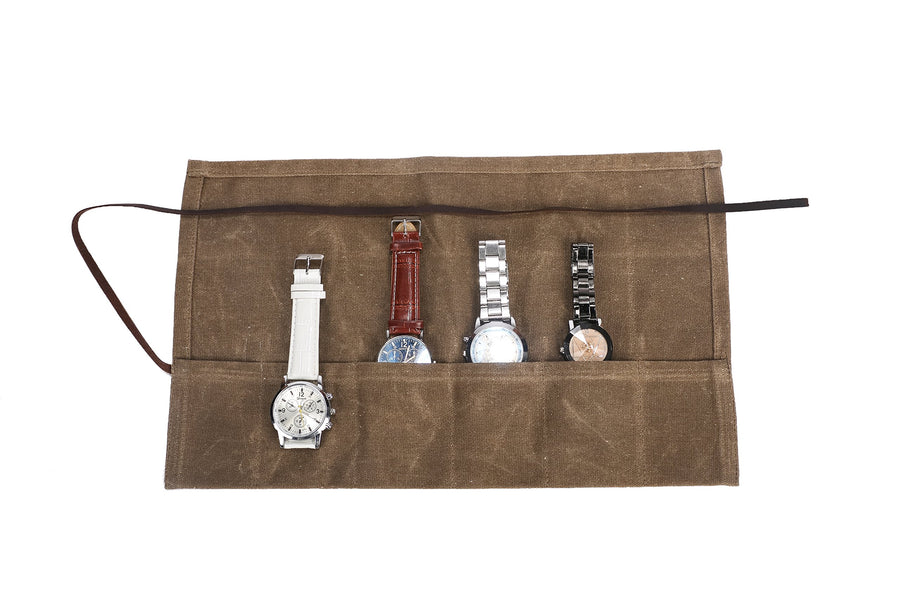 Waxed Canvas Watch Roll Handmade Waterproof Multi-Purpose Travel Case Watch Roll-up Organizer Holds 6 Wristwatches Best Gift for Him Her Boyfriend Girlfriend Mom Dad Wife & Husband HGJ03-I