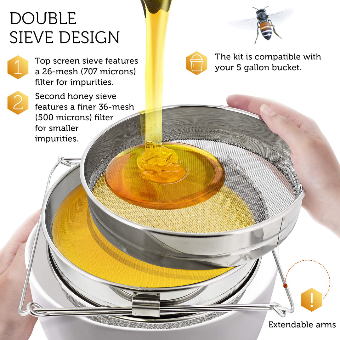 Honey Filter, 2 Piece - Honey Extractor Equipment, Honey Bucket Strainer Honey Extractor Stainless Steel Sieve