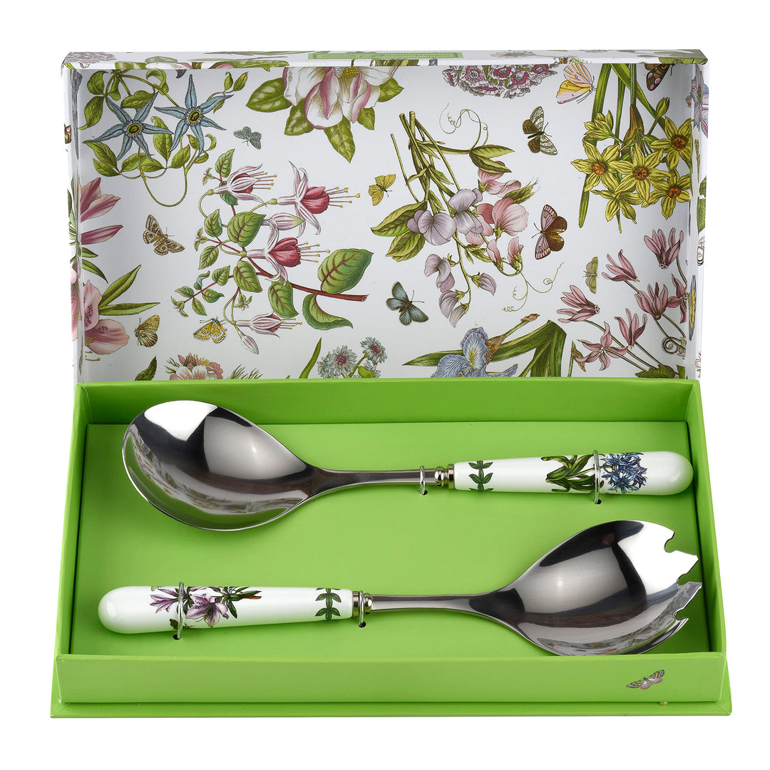 Botanic Garden 10 Salad Servers - Set of 2 | Azalea and African Lily Motifs | Stainless Steel and Porcelain | Chip-Resistant Glaze | Ideal for Family Gatherings and Outdoor Parties