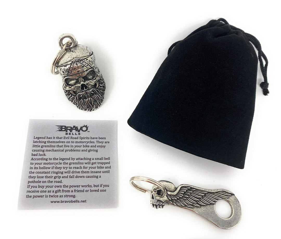- Old School Biker Skull Bell with Skull Wing Bell Hanger - Motorcycle Biker Bell Accessory or Key Chain for Luck - Made in The USA