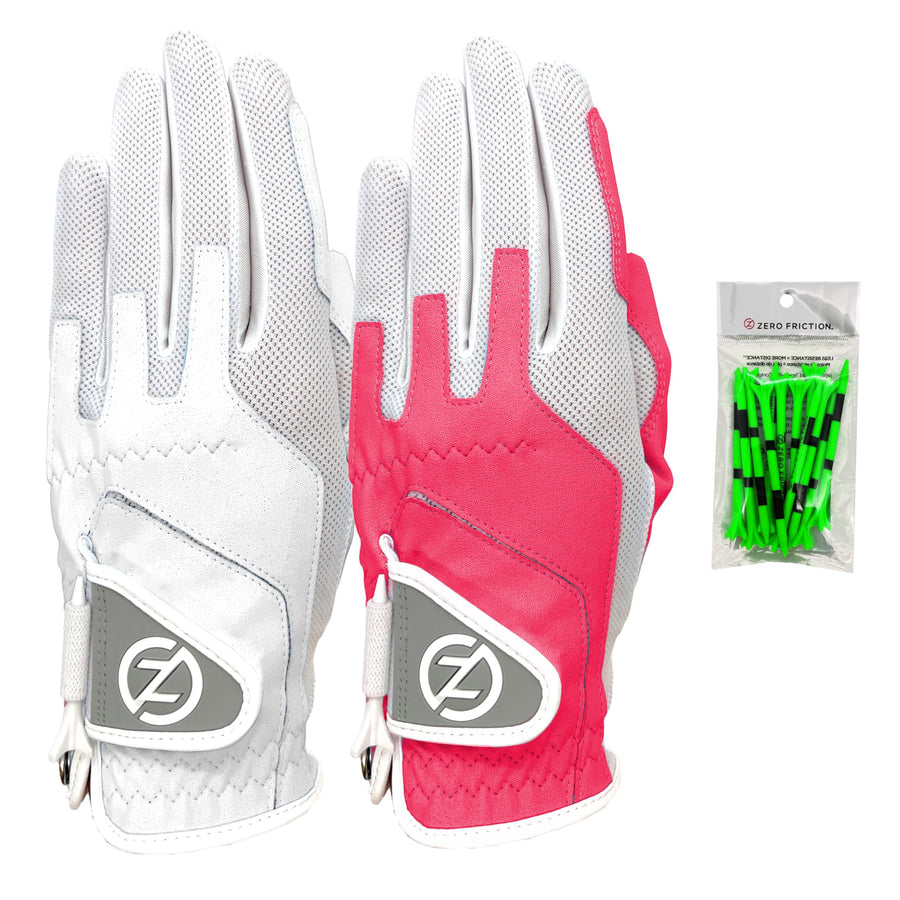 Ladies Compression-Fit Synthetic Golf Glove (2 Pack with Free Pack of tees), Universal Fit One Size, White/Pink