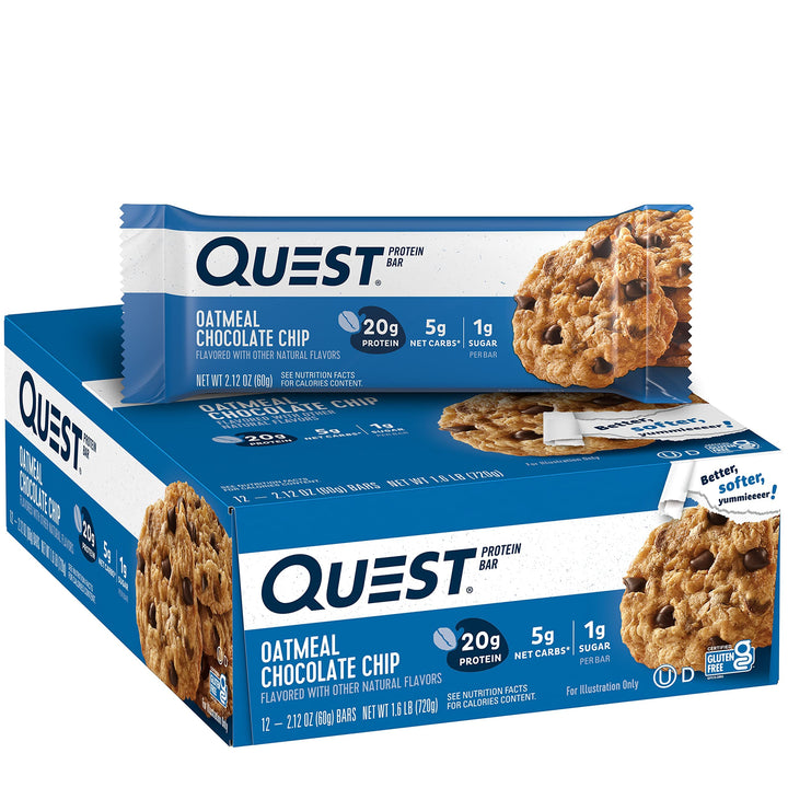 Oatmeal Chocolate Chip Protein Bars, 20g Protein, 1g Sugar, 5g Net Carb, Gluten Free, Keto Friendly, 12 Count