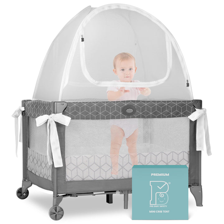 Premium Pack n Play Tent, Mini Crib Tent to Keep Baby from Climbing Out, Auto Pop Up Pack and Play Tent with Auto-Lock Zippers, Thick Velvety Breathable Mesh (Stars & Moons - Ruffles)