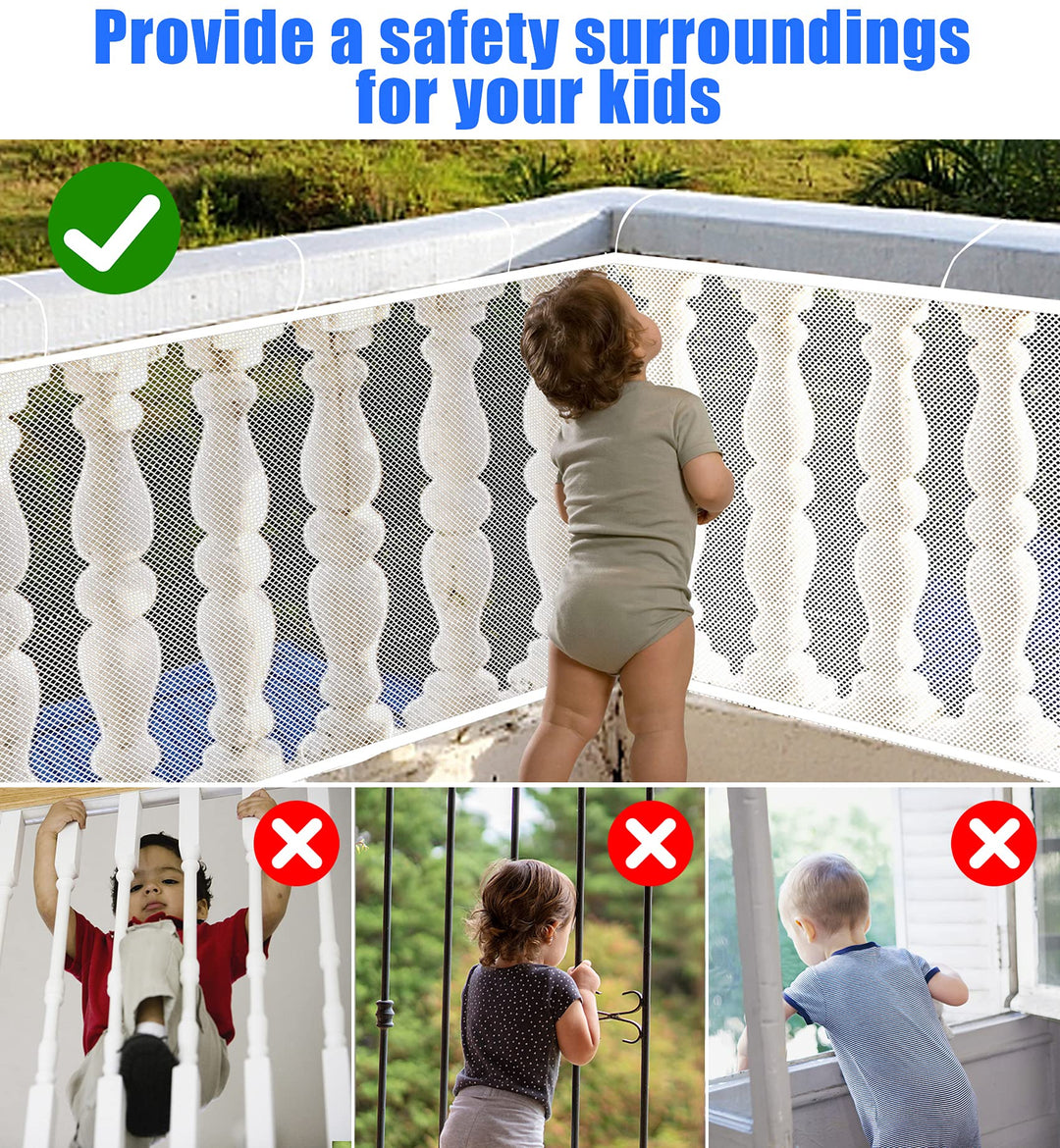 Baby Gate for Stairs, Banister Guard for Kids, Pets, Toys, 15ft L x 2.66 ft H, Mesh Netting Safety Net for Balcony Rail Stair, Stairway Net Baby Safety Products for Indoor & Outdoor (White)