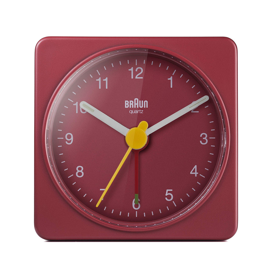 Classic Travel Analogue Alarm Clock, Compact Size, Quiet Quartz Movement, Crescendo Beep Alarm in Red, Model BC02R.
