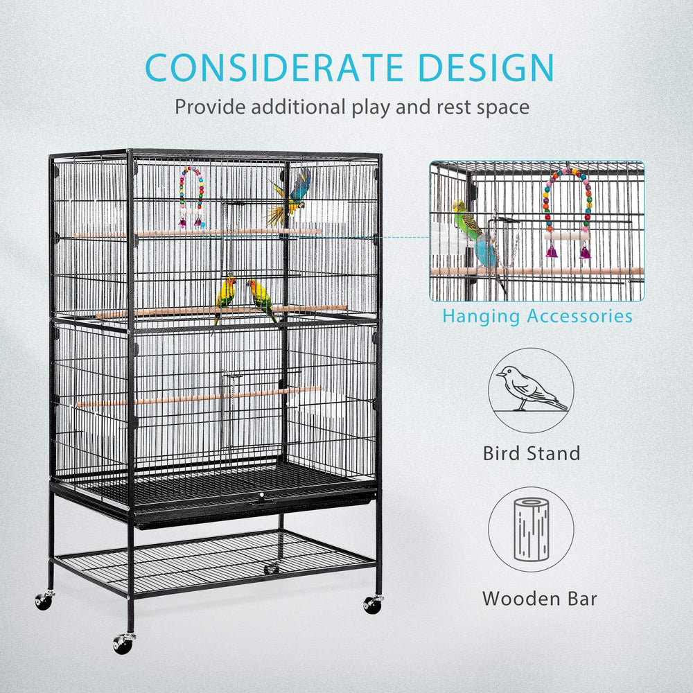 53 Inch Wrought Iron Large Bird Cage with Rolling Stand for Parrots Conures Lovebird Cockatiel Parakeets Black