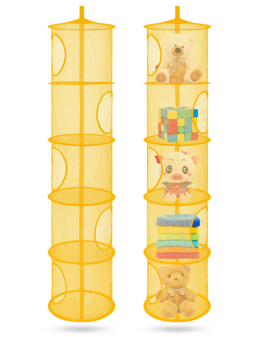 Mesh Hanging Storage Space Saver Bags Organizer,Foldable Storage Organizer 5 Compartments Toy Storage Basket for Kids Room Bathroom 2 Sets Yellow