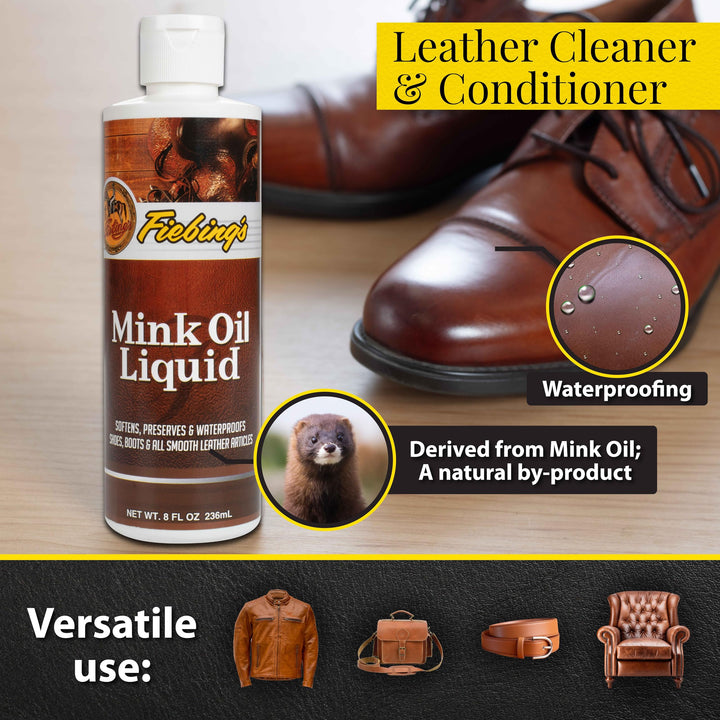 Fiebing's Liquid Mink Oil for Leather Boots (8 fl oz) - Leather Cleaner & Conditioner - Waterproof, Preserve, Soften All Smooth Leathercraft & Vinyl - Prevents Salt Stains - Use On Couch, Shoe, Purse